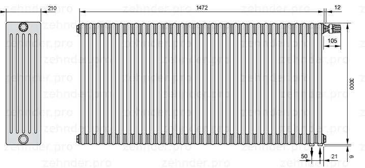 Схема (чертеж) Радиатор Zehnder Charleston 6300/32 №V002 Белый глянцевый RAL 9016
